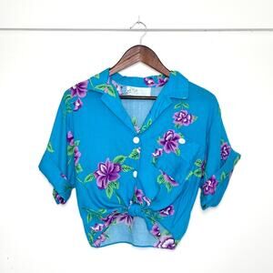 VTG Hilo Hattie Hawaiian Cropped Floral Button Up Tie Shirt Women S Blue Floral